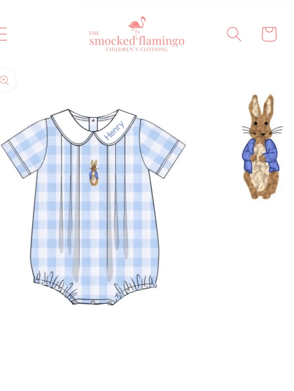 Smocked Flamingo Blue Gingham Peter Pan Romper with Peter Rabbit Detail